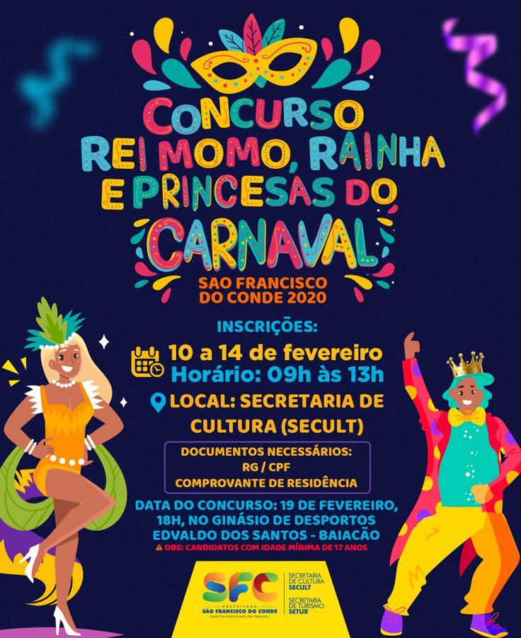Inscrições para o Concurso de Rei Momo, Rainha e Princesas do Carnaval seguem acontecendo até o dia 14 de fevereiro