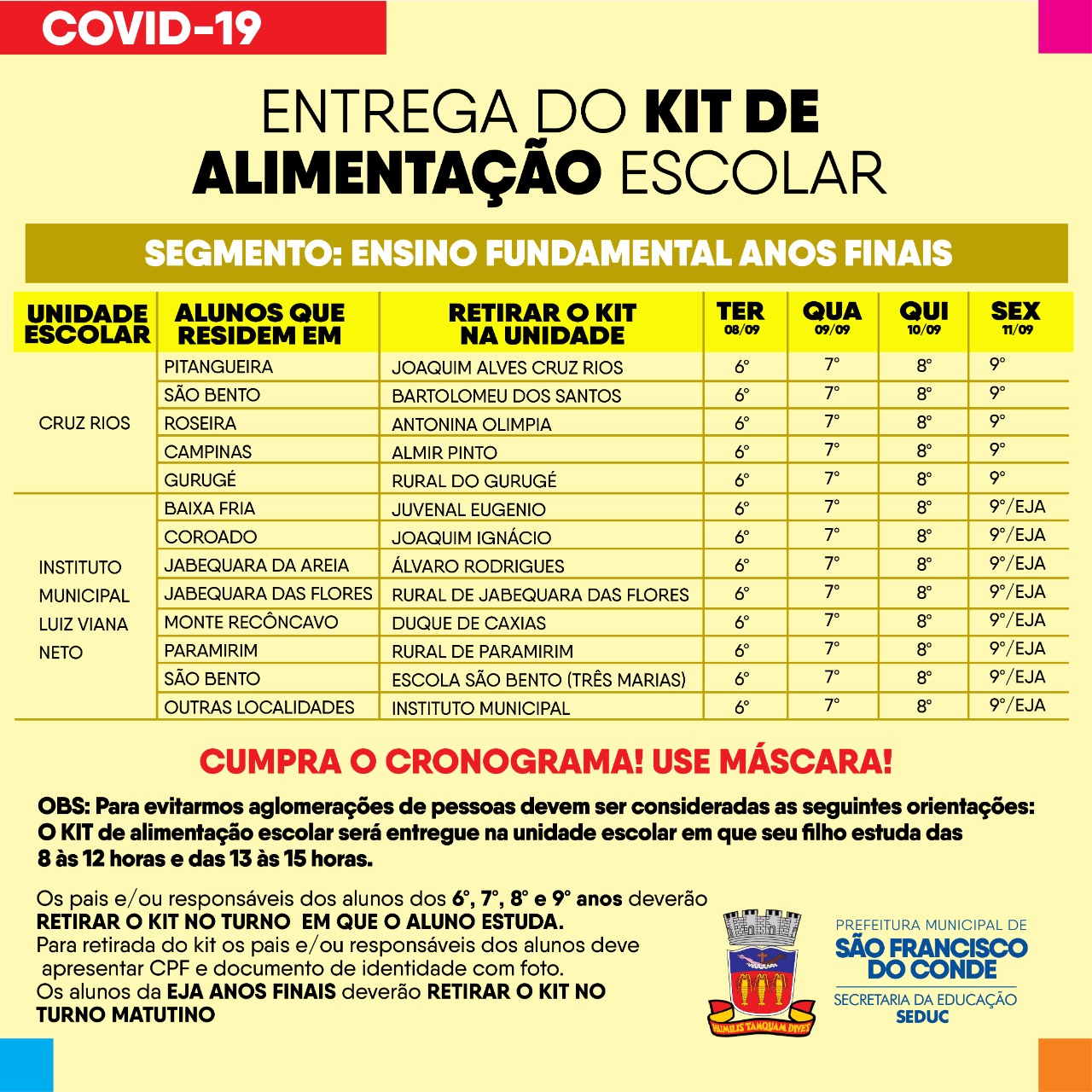 COVID-19 | Kits de Alimentação Escolar serão entregues até sexta-feira (11)