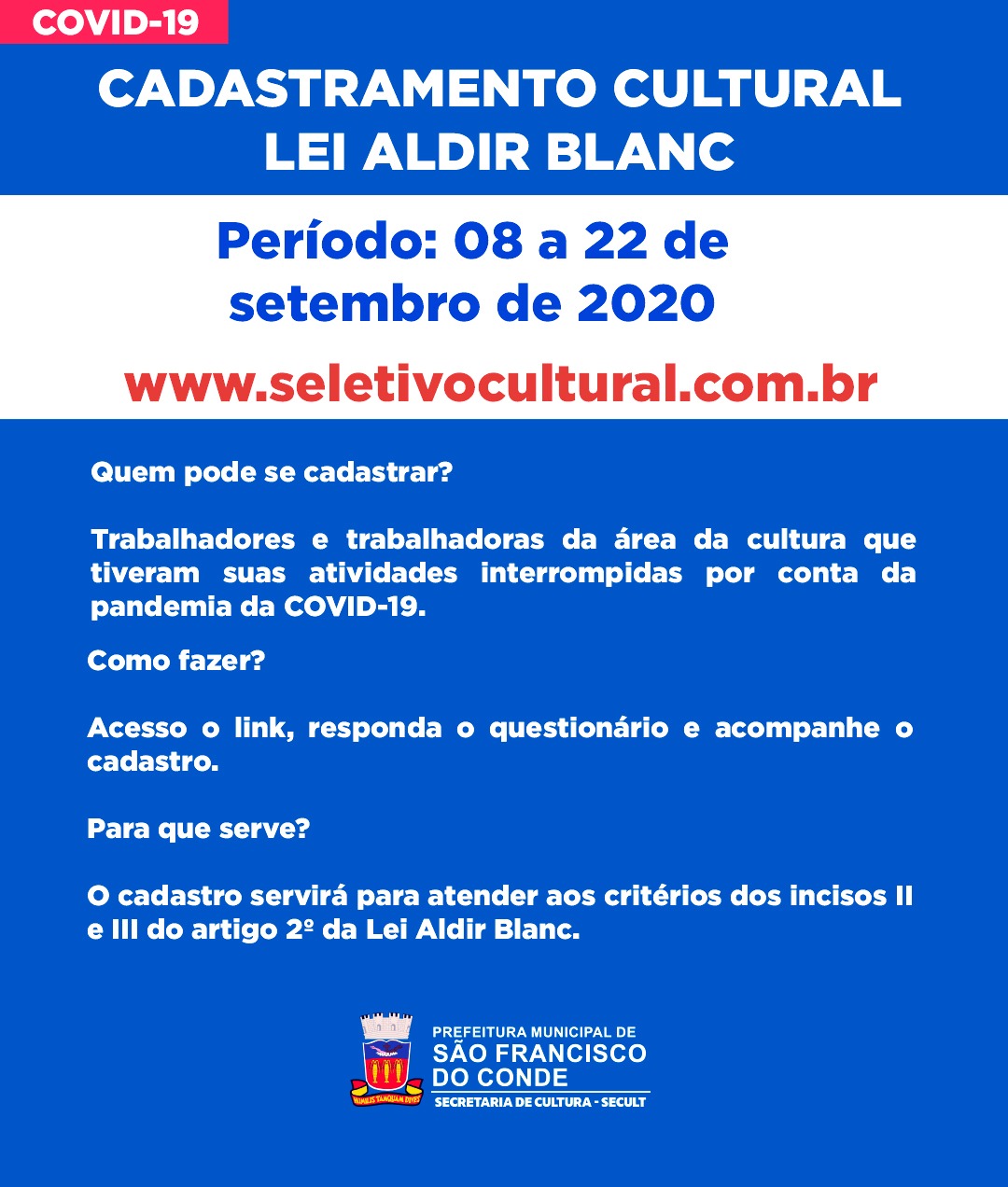 SECULT: Cadastramento Cultural – Lei Aldir Blanc acontece de 08 a 22 de setembro
