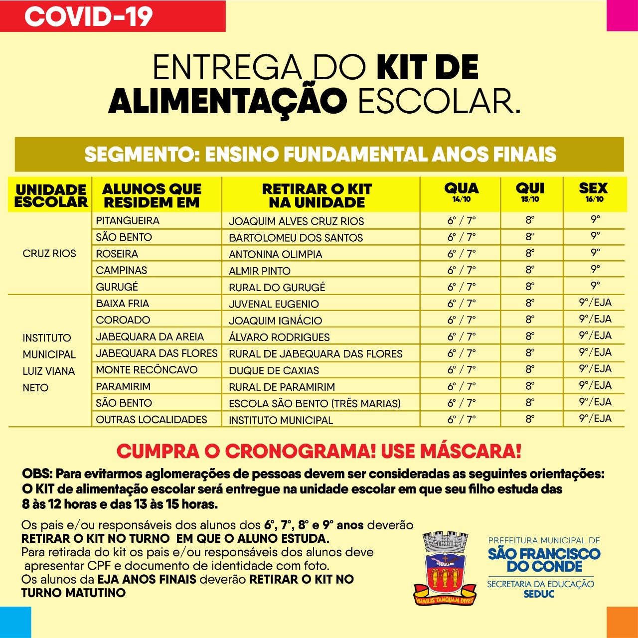 Começa amanhã a entrega dos Kits de Alimentação Escolar para todos os estudantes da Rede Municipal de Ensino