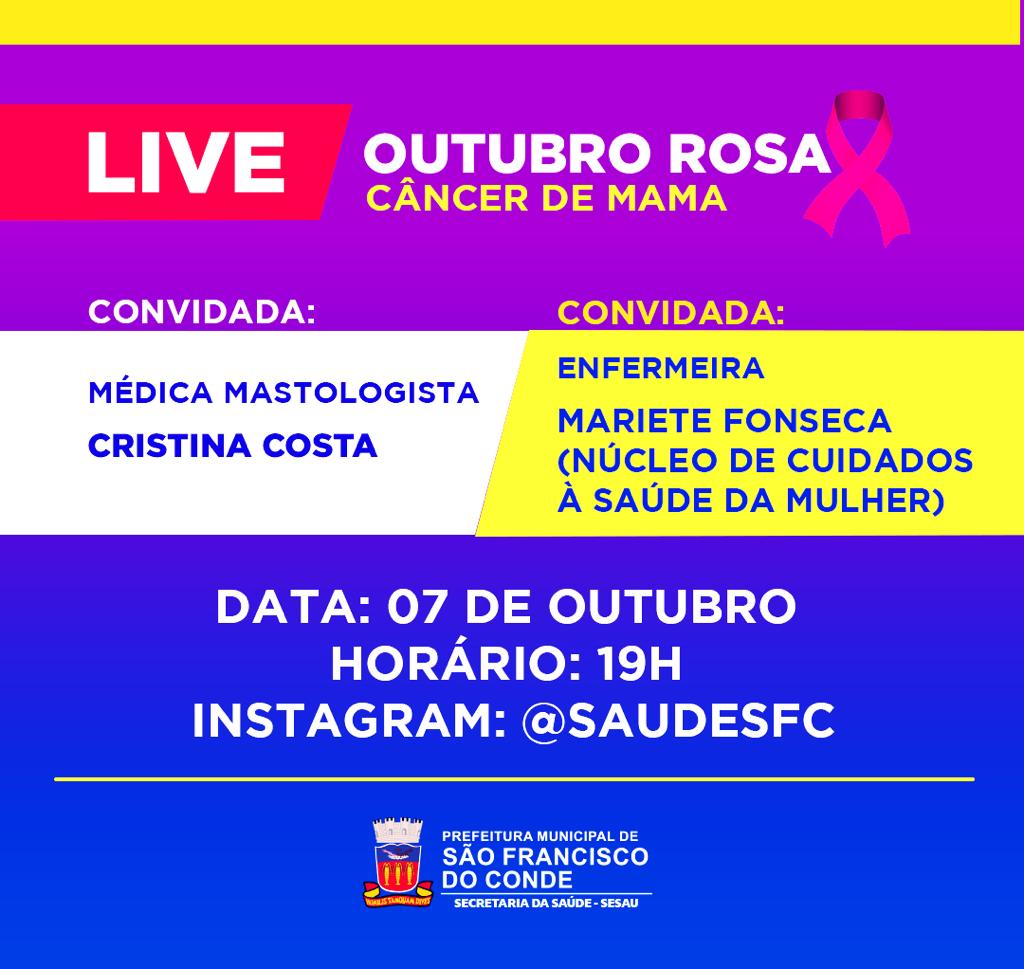 Outubro Rosa: Complexo de Saúde do Caípe de Baixo fará uma LIVE, na quarta-feira (07), sobre o câncer de mama