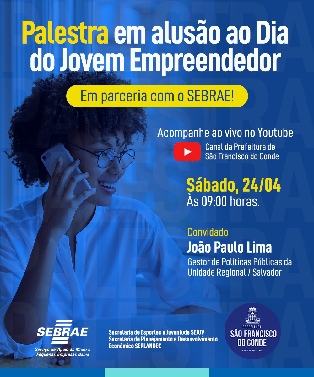 Dia Internacional do Jovem Trabalhador será lembrado com palestra do SEBRAE, neste sábado (24)