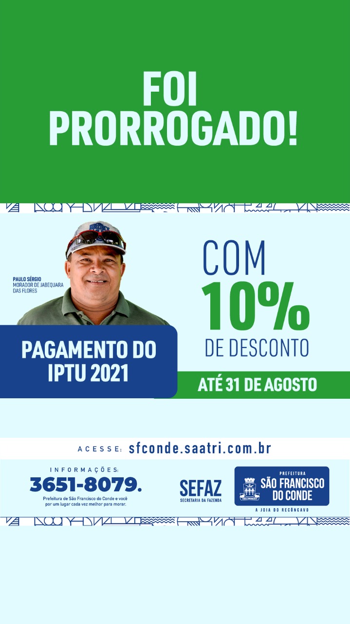 Prefeitura prorrogou o pagamento do IPTU 2021 com 10% de desconto até 31 de agosto