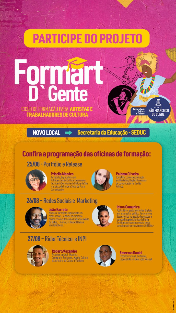 Formart D’Gente: Ciclo de Formação para artistas e trabalhadores de cultura acontece dias 25, 26 e 27 de agosto