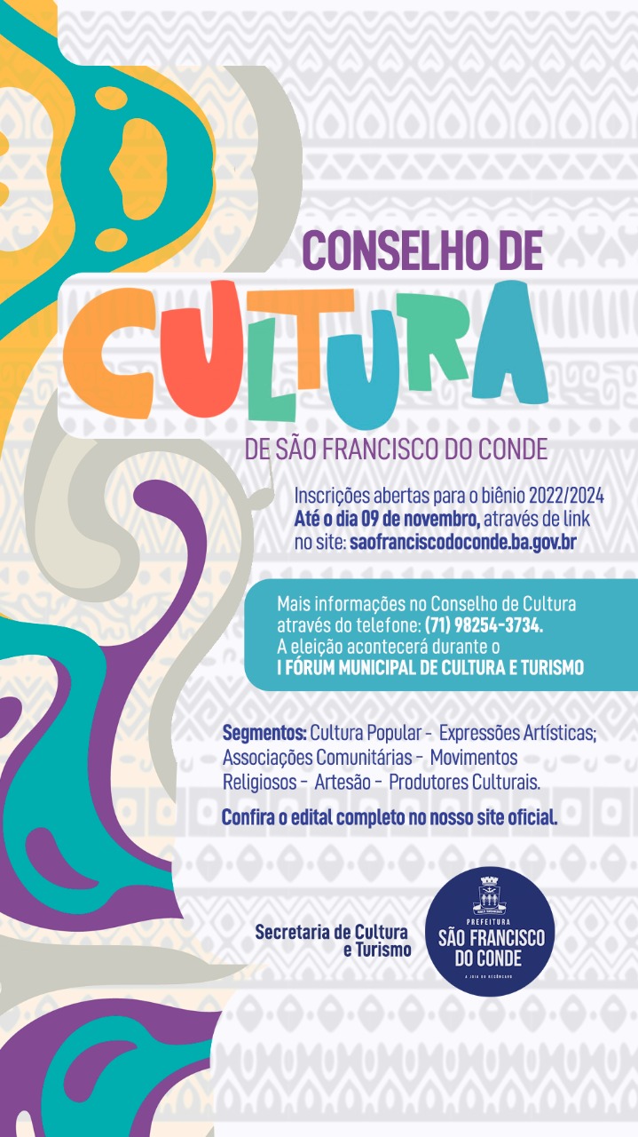Inscrições abertas para o Conselho Municipal de Cultura para o biênio 2022/2024