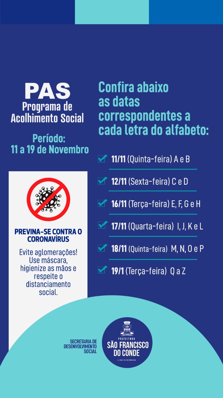 O pagamento do benefício do PAS começa no dia 11 e se estende até o dia 19 de novembro