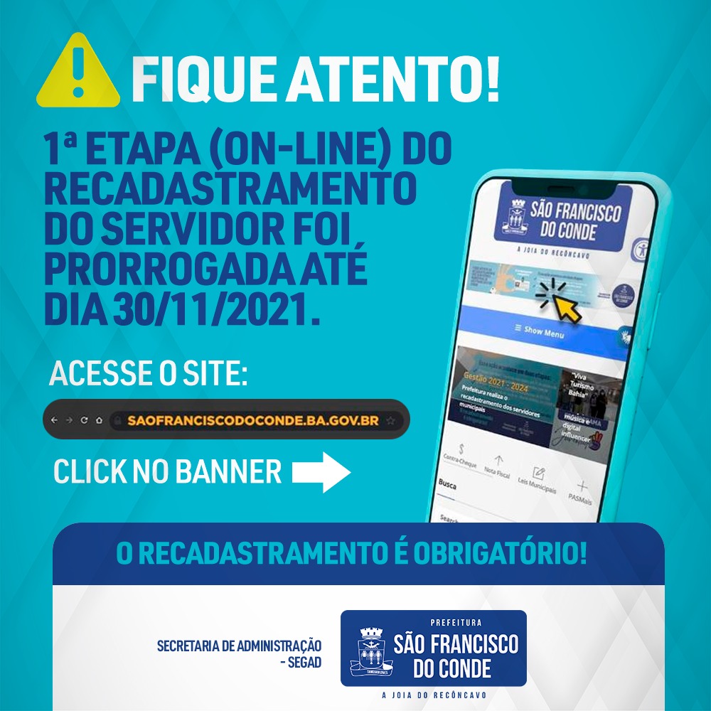 1ª etapa (on-line) do recadastramento do servidor foi PRORROGADA até dia 30 de novembro