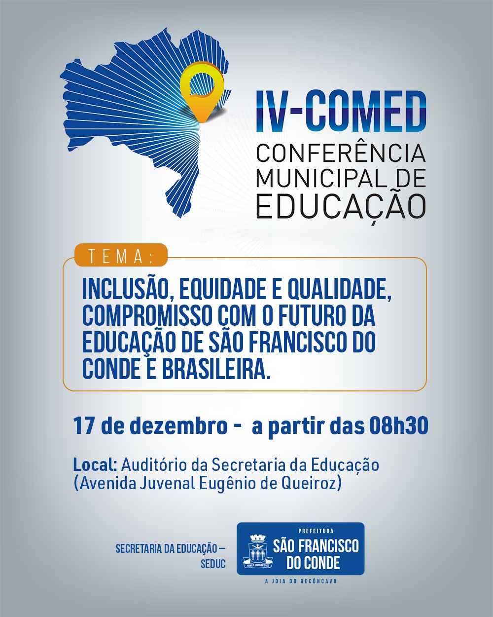 SFC promove a IV Conferência Municipal de Educação, dia 17 de dezembro