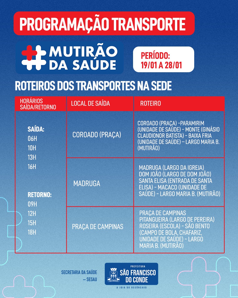 Confira o roteiro de transportes para o Mutirão da Saúde - 19/01 A 28/01