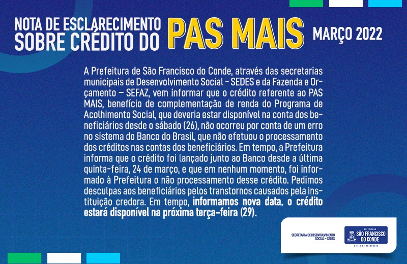 Nota de Esclarecimento – Crédito do PAS MAIS