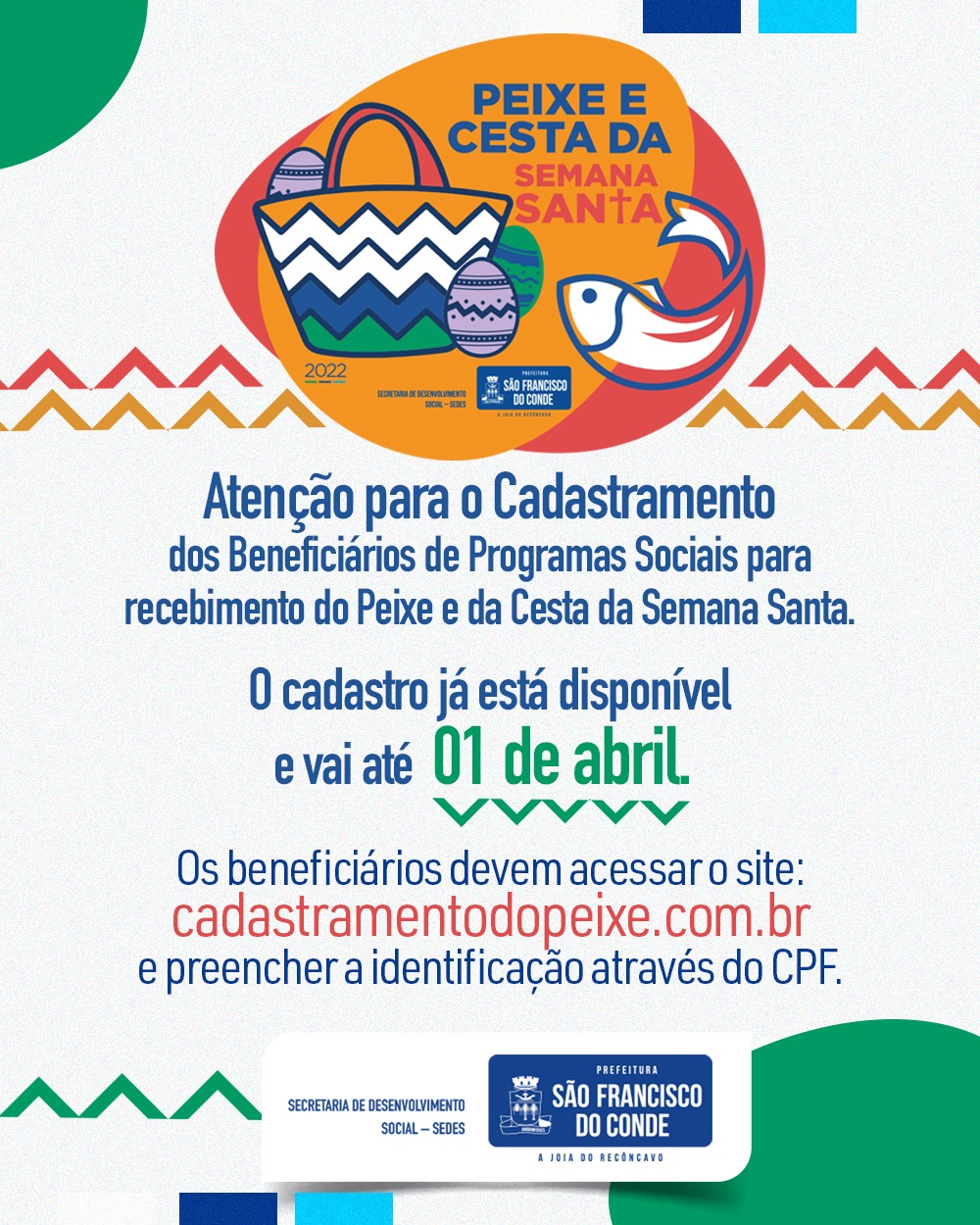 Semana Santa 2022: O Cadastramento do Peixe e da Cesta já disponível e vai até 01 de Abril