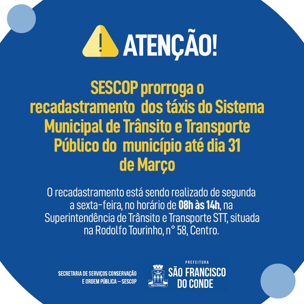 SESCOP  prorroga o recadastramento dos táxis do Sistema Municipal de Trânsito e Transporte Público do município até dia 31 de março de 2022