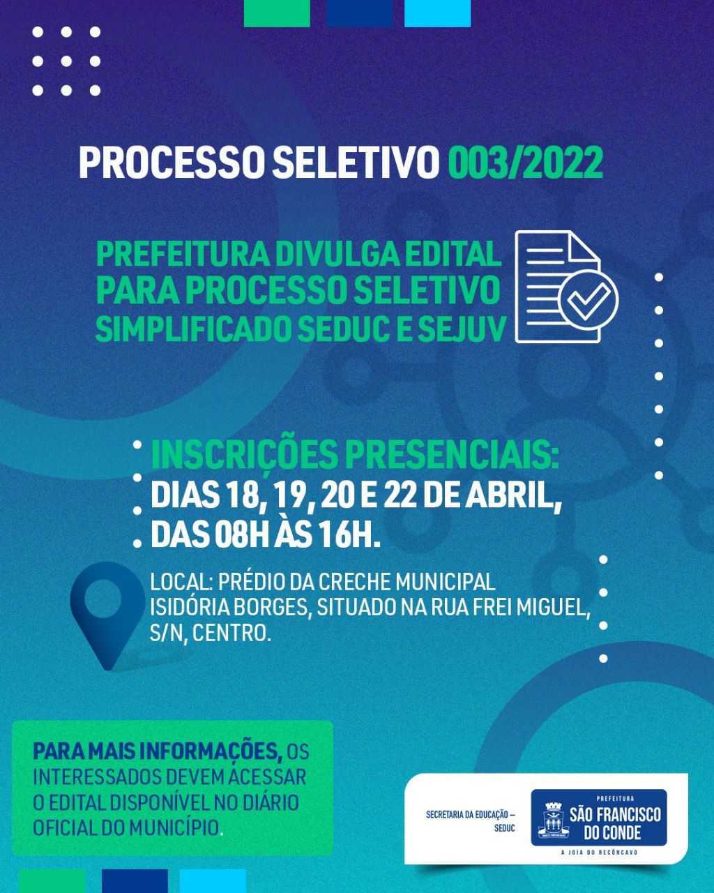 Prefeitura divulga Edital do processo seletivo REDA - SEDUC e SEJUV