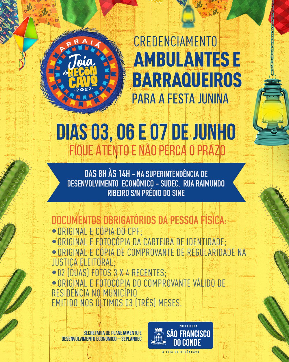 Cadastro de vendedores ambulantes e barraqueiros para a festa junina acontece entre os dias 03, 06 e 07 de junho