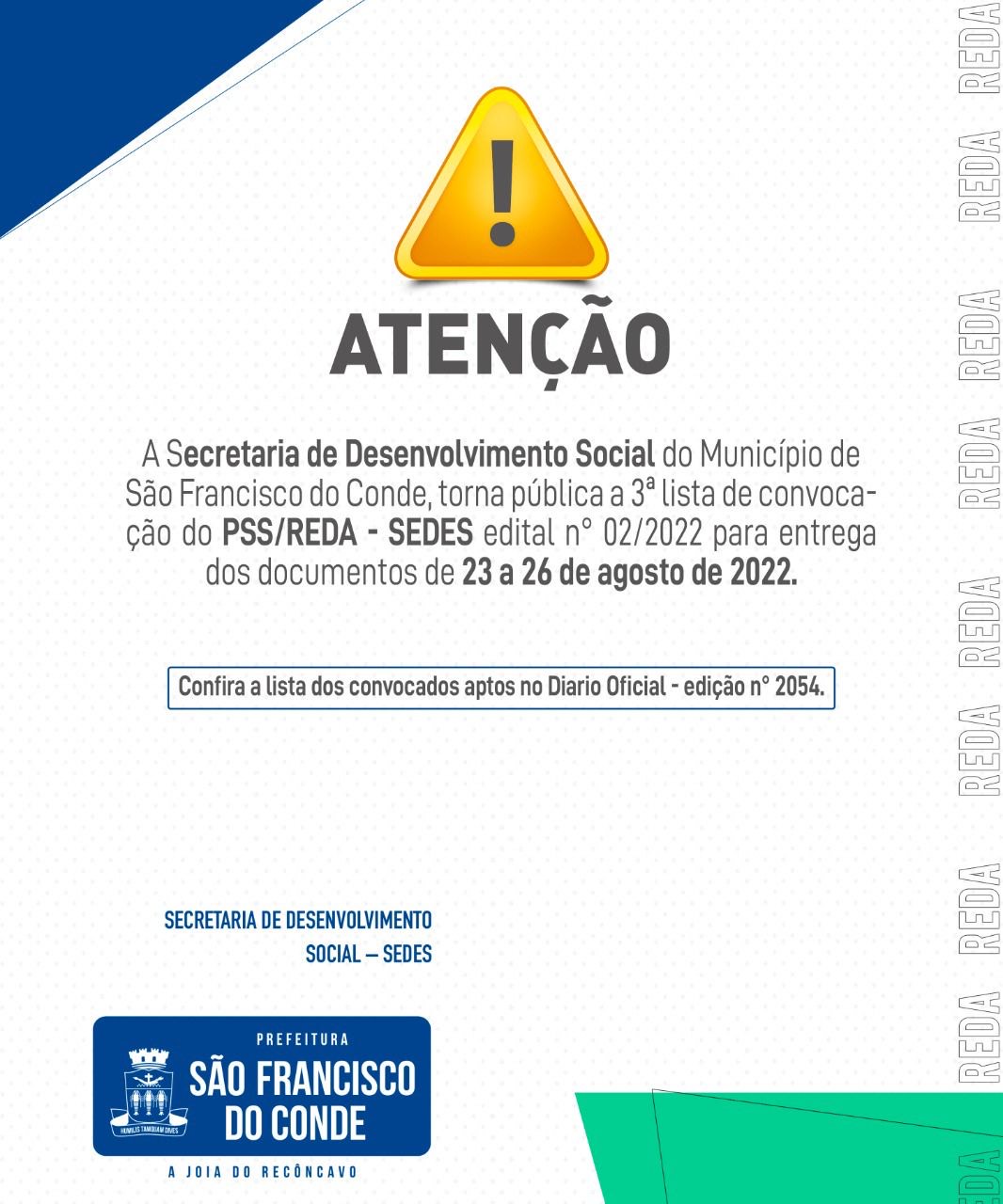 Publicada a 3ª lista de convocação dos candidatos aprovados no PSS REDA/SEDES – Edital nº 02/2021