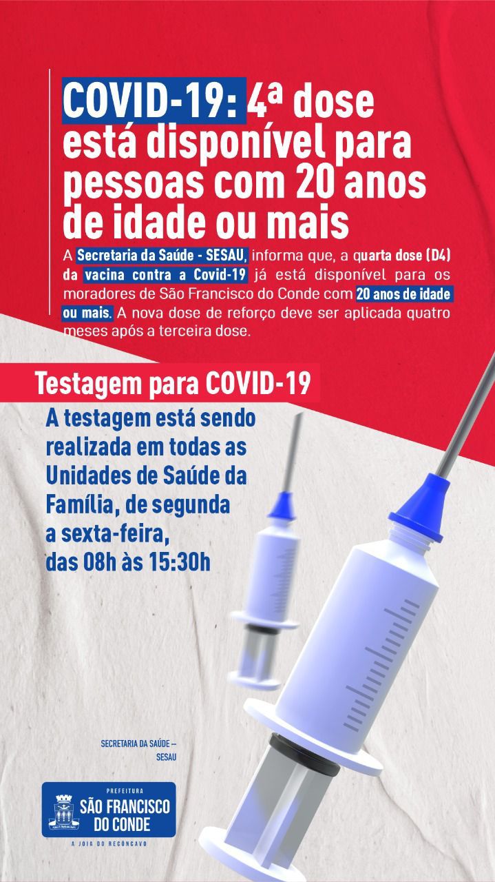 COVID-19: 4ª dose está disponível para pessoas com 20 anos de idade ou mais
