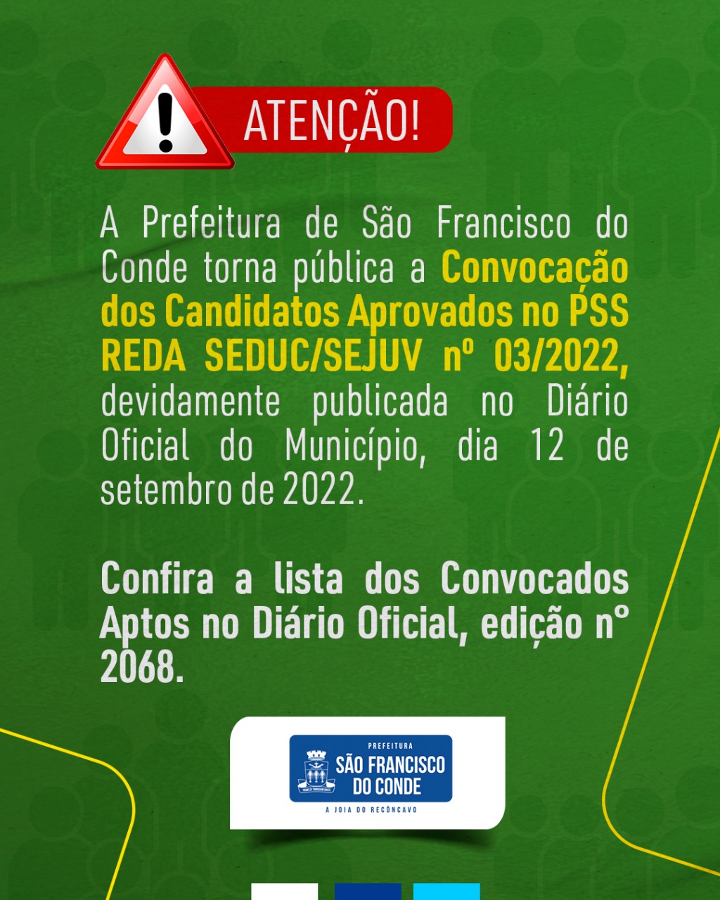 Convocação dos profissionais que foram aprovados no PSS 003/2022 REDA SEDUC/SEJUV foi publicada no Diário Oficial do município nesta segunda-feira (12)
