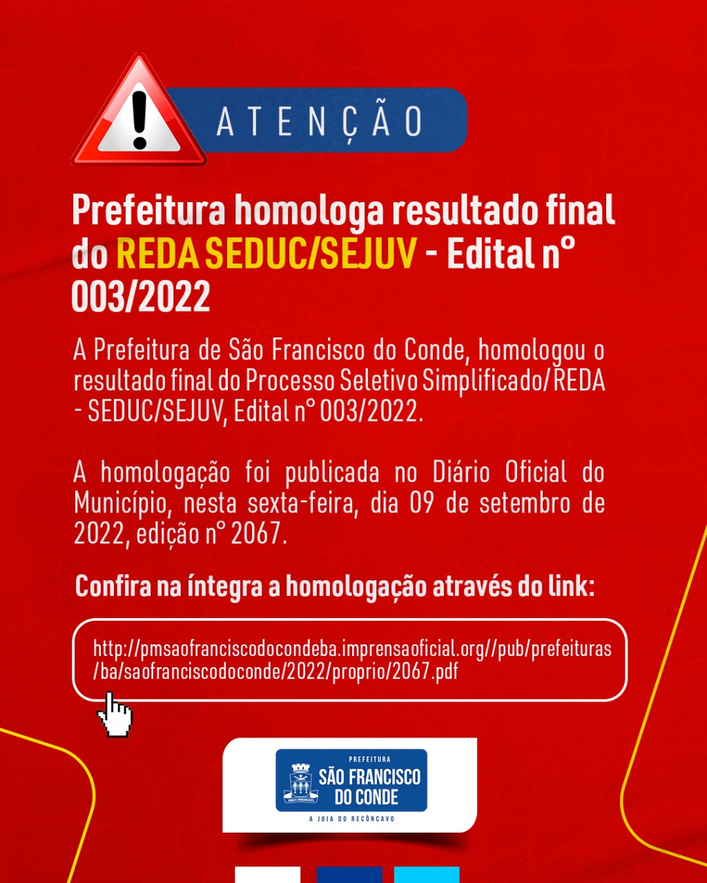 Prefeitura homologa resultado final do REDA SEDUC/SEJUV - Edital n° 003/2022