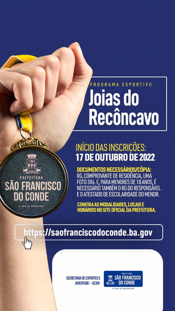 Inscrições para o Programa Esportivo Joias do Recôncavo, acontecem nesta segunda-feira (17), em diversos bairros do município