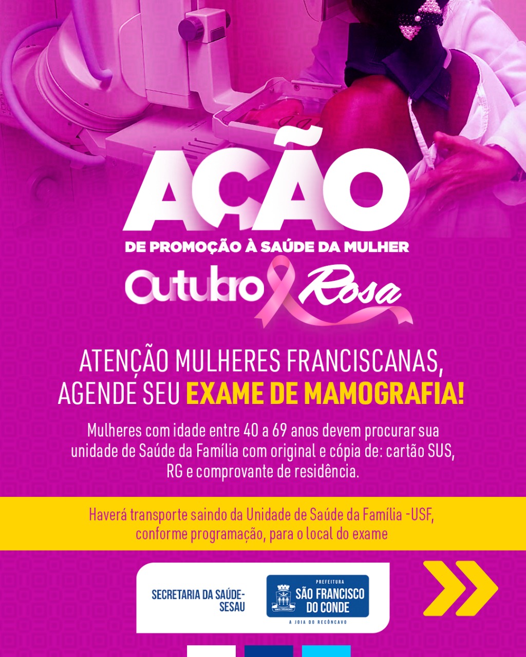 Outubro Rosa: Prefeitura disponibiliza exames de mamografia para mulheres entre 40 e 69 anos