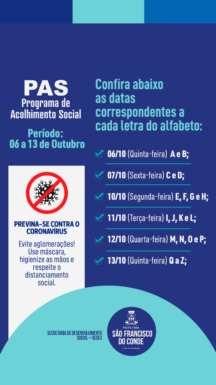 PAS estará disponível para os beneficiários nesta quinta-feira (06/10), por ordem alfabética