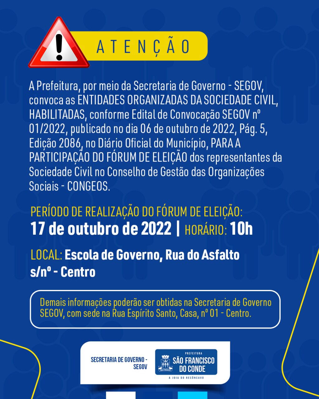 Fórum de Eleição do Conselho de Gestão das Organizações Sociais - CONGEOS, acontecerá dia 17 de outubro