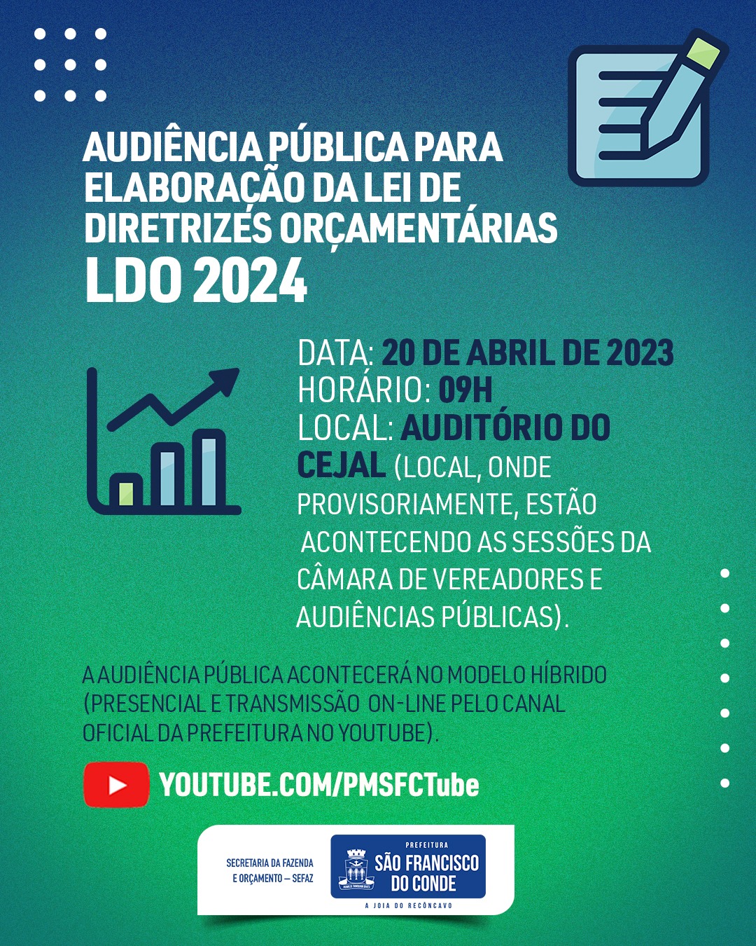 SEFAZ: Audiência Pública para elaboração da Lei de Diretrizes Orçamentárias – LDO 2024, acontecerá nesta quinta-feira (20)