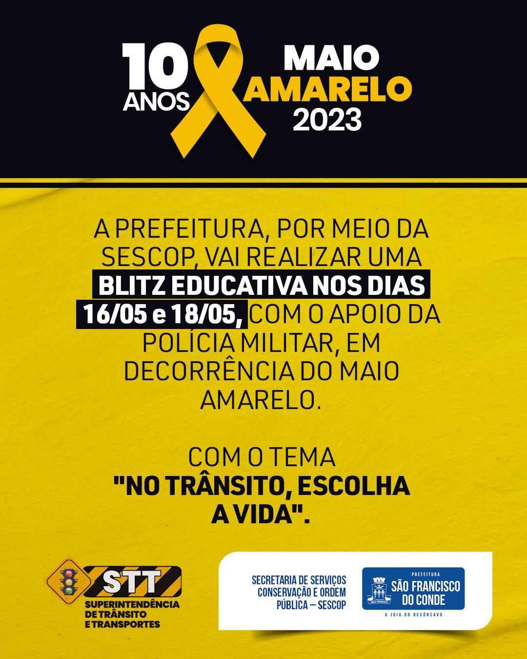 Maio Amarelo: São Francisco do Conde terá ação de conscientização no trânsito