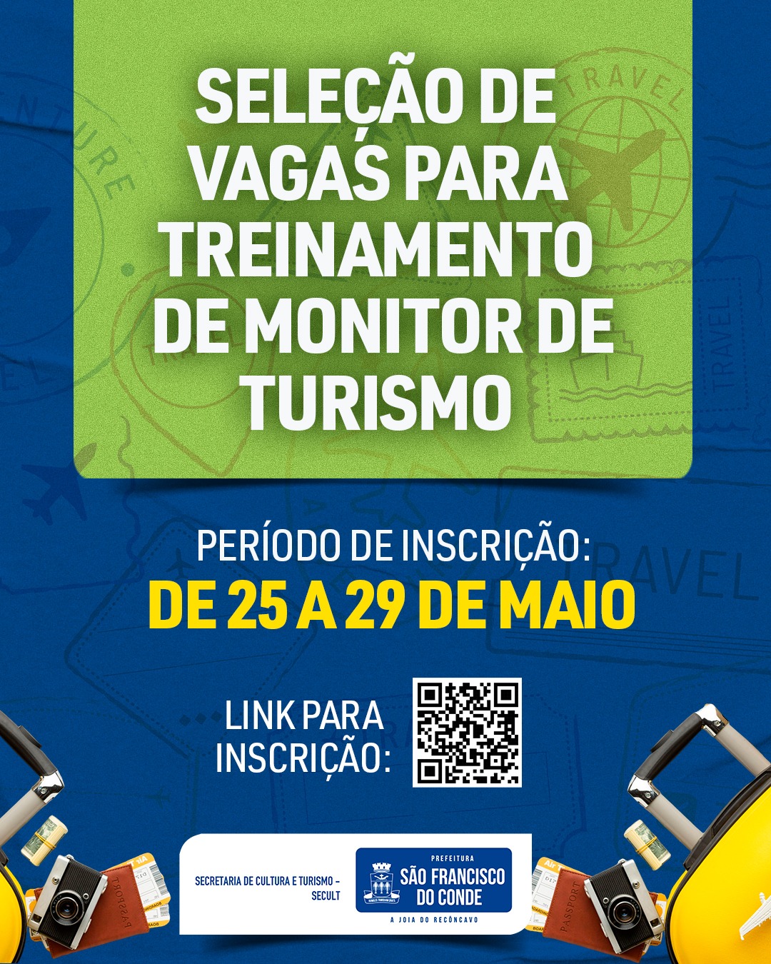SECULT: seleção de vagas para treinamento de Monitor de Turismo, acontecem de 25 a 29 de maio