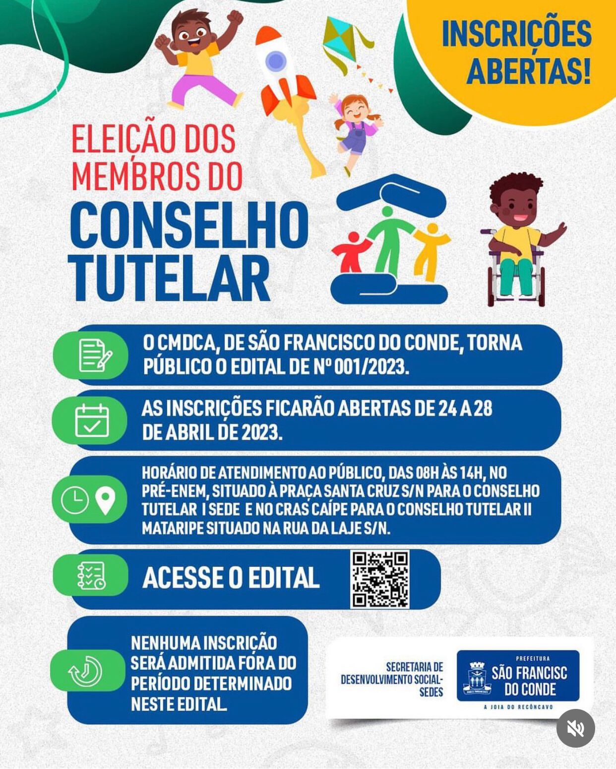 Inscrições abertas para eleição dos membros do Conselho Tutelar acontecem de 24 a 28 de abril