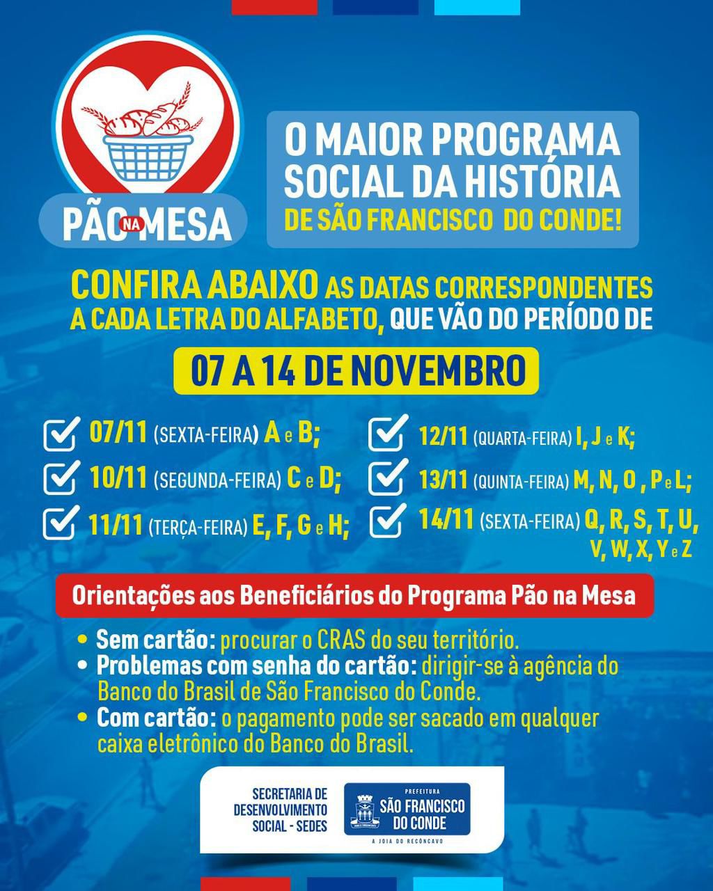 Prefeitura Divulga Cronograma de Pagamentos do Programa Pão na Mesa