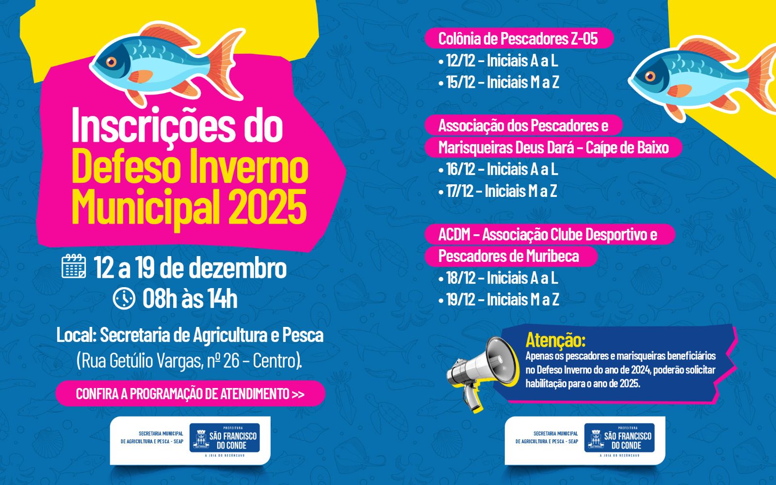 Inscrições para o Defeso Inverno Municipal 2025 começam no dia 12 de dezembro