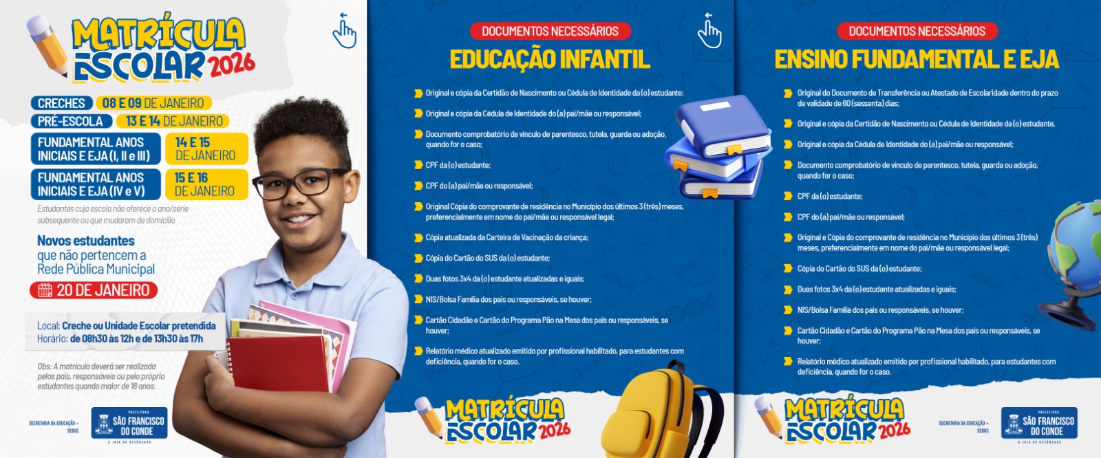 Prefeitura divulga cronograma e normas da matrícula escolar 2026 da Rede Municipal