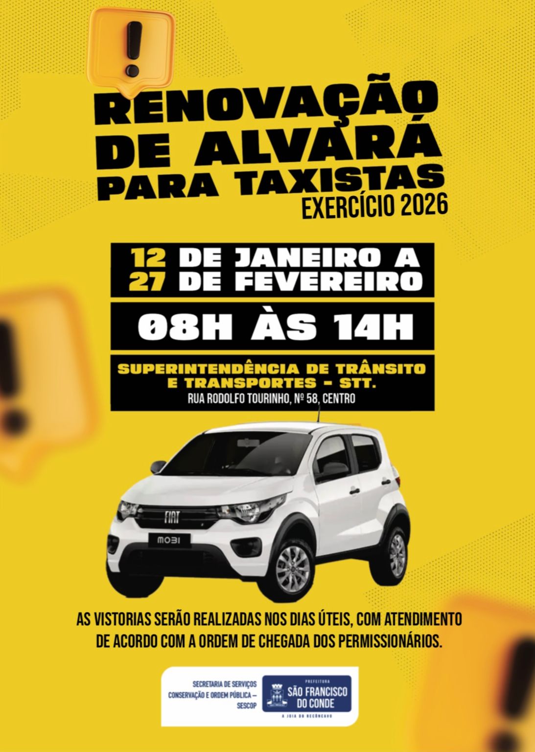 Prefeitura de São Francisco do Conde inicia renovação de alvará para taxistas – Exercício 2026
