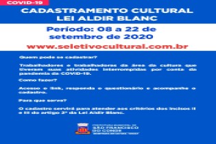 SECULT: Cadastramento Cultural – Lei Aldir Blanc acontece de 08 a 22 de setembro