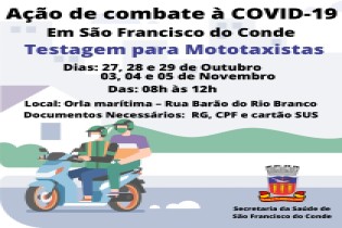 Testagem de mototaxistas: Ação de Combate à Covid-19 segue nos dias 03, 04 e 05 de novembro