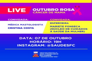 Outubro Rosa: Complexo de Saúde do Caípe de Baixo fará uma LIVE, na quarta-feira (07), sobre o câncer de mama