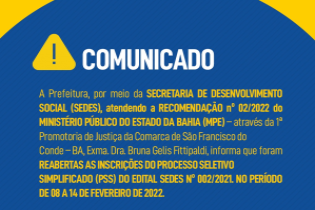 Reabertas as inscrições do Processo Seletivo Simplificado (PSS), no período de 08 a 14 de fevereiro de 2022