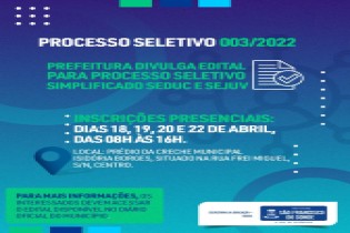 Prefeitura divulga inscrições para o processo seletivo presencial, dias 18, 19, 20 e 22 de abril