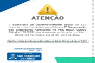 Confira a 2ª convocação dos candidatos aprovados no PSS REDA/SEDES - Edital nº 02/2021 no Diário Oficial do Município