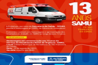 SAMU receberá homenagem pelos 13 anos de serviços prestados em São Francisco do Conde
