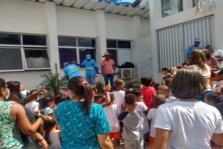 Para celebrar o Dia da Árvore, crianças plantam árvores no jardim da escola