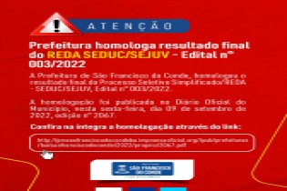 Prefeitura homologa resultado final do REDA SEDUC/SEJUV - Edital n° 003/2022