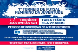 Inscrições para o 1º Torneio de Futsal Feminino da Juventude, acontecem de 10 a 13 de outubro