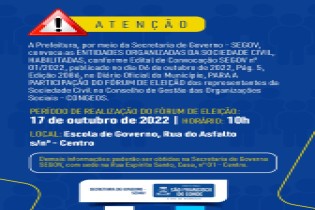 Fórum de Eleição do Conselho de Gestão das Organizações Sociais - CONGEOS, acontecerá dia 17 de outubro